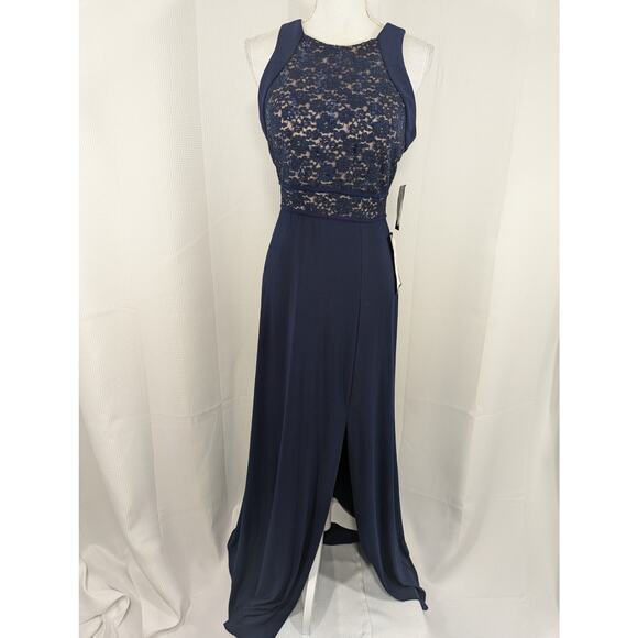 NWT@$109! NIGHTWAY! FULL LENGTH NAVY BLUE LACE, CHIFFON & NUDE MAXI DRESS! SZ 10 - Picture 3 of 14